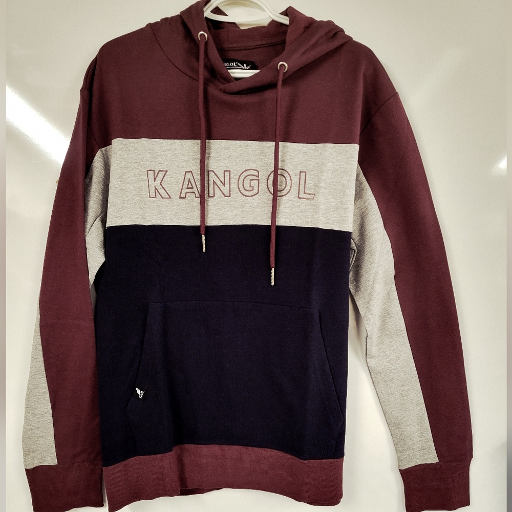 New Kangol Men's Colorblock Burgundy Gray Blue Pullover Spellout Hoodie, XL